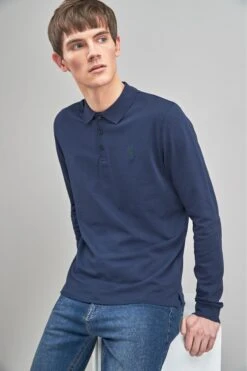 Marineblau - Next Langärmeliges Pikee-Poloshirt