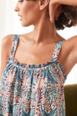 Blau/Pink Mit Narzissenprint - Morris & Co. At Next Gewebtes Trägerkleid -Next Geschäft A72 364s5
