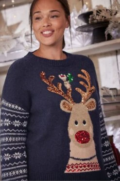 Marinblau, Blau, Rentier - Next Weihnachtspullover Mit Ärmeln Mit Norwegermuster, Familienkollektion