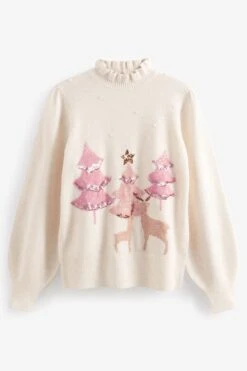 Ecruweiß/Rehmotiv - Next Weihnachtspullover Mit Rüschenausschnitt, Familienkollektion -Next Geschäft A98732s5