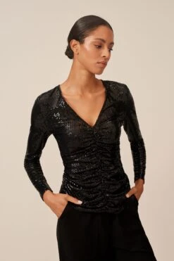 Next Langärmeliges Pailletten-Top Mit Geraffter Vorderseite Und V-Ausschnitt -Next Geschäft C41 812s3