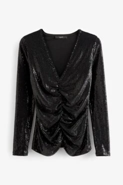 Next Langärmeliges Pailletten-Top Mit Geraffter Vorderseite Und V-Ausschnitt -Next Geschäft C41812s5