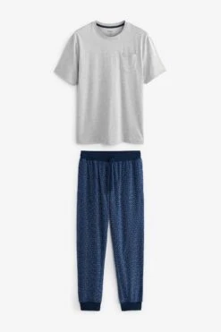 Grau/Blau, Geometrisches Muster - Next Motion Flex Kuscheliger Pyjama Mit Bündchen -Next Geschäft M68892s6