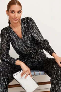 Next Langärmelige Pailletten-Partybluse Mit Wickeldesign Und V-Ausschnitt