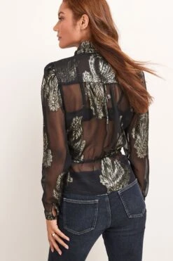 Schwarz/Gold/Blumen/Glitzernd - Next Langärmeliges Wickeltop In Metallic-Optik -Next Geschäft U49 303s3