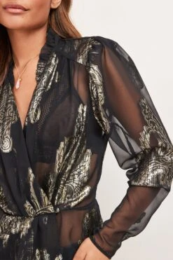 Schwarz/Gold/Blumen/Glitzernd - Next Langärmeliges Wickeltop In Metallic-Optik -Next Geschäft U49 303s4